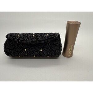 Black Beaded Lipstick Case W/Mirror & Lancome L'Absolu Rouge French Tea Lipstick
